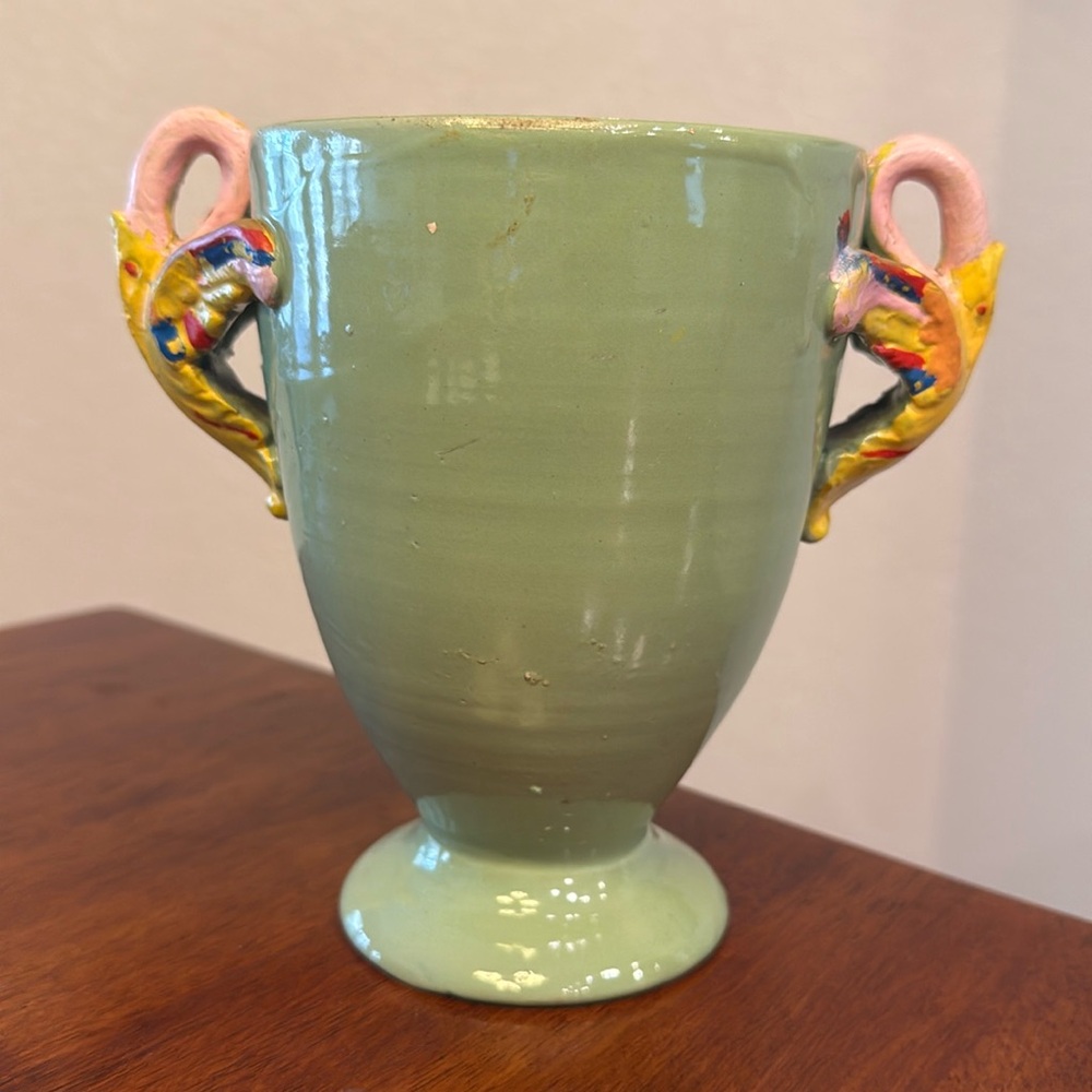 Vintage Italian Pottery Vase 5”x6.25” pedestal with handles signed made in Italy